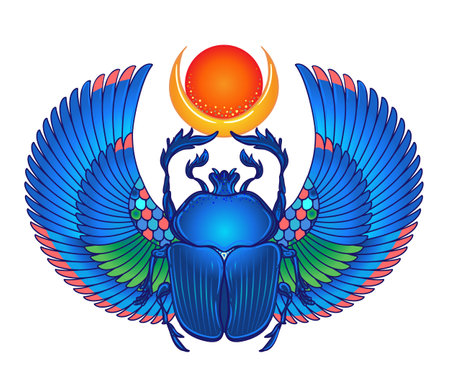 Scarabaeus sacer, Dung beetle. Sacred symbol of in ancient Egypt. Fantasy ornate insects. Isolated vector illustration. Spirituality, occultism, chemistry, occult sun tattoo.のイラスト素材