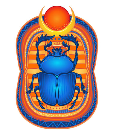 Scarabaeus sacer, Dung beetle. Sacred symbol of in ancient Egypt. Fantasy ornate insects. Isolated vector illustration. Spirituality, occultism, chemistry, occult sun tattoo.のイラスト素材