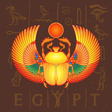 Scarabaeus sacer, Dung beetle. Sacred symbol of in ancient Egypt. Fantasy ornate insects. Isolated vector illustration. Spirituality, occultism, chemistry, occult sun tattoo.のイラスト素材