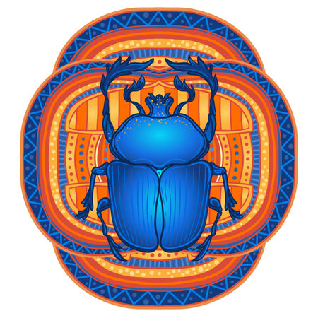 Scarabaeus sacer, Dung beetle. Sacred symbol of in ancient Egypt. Fantasy ornate insects. Isolated vector illustration. Spirituality, occultism, chemistry, occult sun tattoo.のイラスト素材