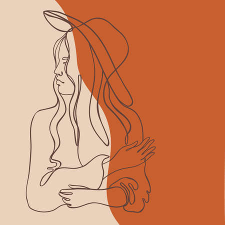 Abstract portrait of young pretty woman. Continuous one line drawing isolated on white. Vector illustration in simple modern style.のイラスト素材