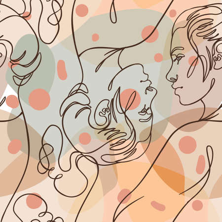 Abstract seamless pattern in modern simple style. Female faces. One line drawing. Design for wrapping paper, wallpaper, fabrics and fashion clothes.のイラスト素材