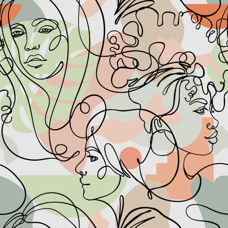 Abstract seamless pattern in modern simple style. Female faces. One line drawing. Design for wrapping paper, wallpaper, fabrics and fashion clothes.のイラスト素材