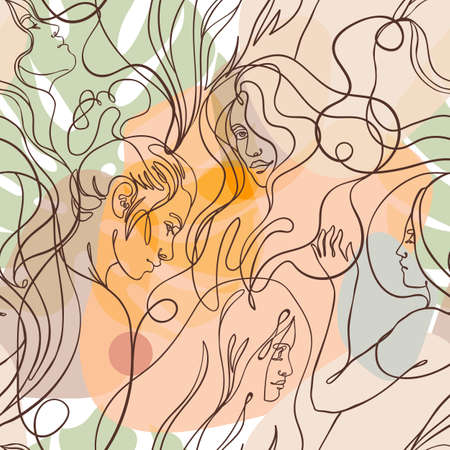 Abstract seamless pattern in modern simple style. Female faces. One line drawing. Design for wrapping paper, wallpaper, fabrics and fashion clothes.のイラスト素材