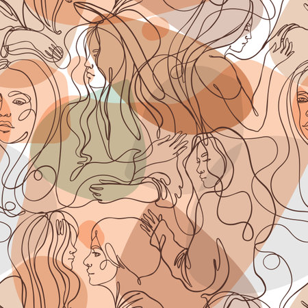 Abstract seamless pattern in modern simple style. Female faces. One line drawing. Design for wrapping paper, wallpaper, fabrics and fashion clothes.のイラスト素材