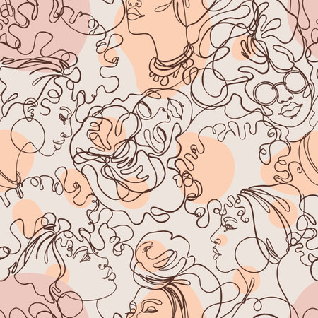Abstract seamless pattern in modern simple style. Female faces. One line drawing. Design for wrapping paper, wallpaper, fabrics and fashion clothes.のイラスト素材