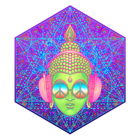 Sitting Buddha over colorful neon background. Vector illustration. Psychedelic mushroom composition. Indian, Buddhism, Spiritual Tattoo, yoga, spirituality. Sticker, patch, 60s hippie colorful art.のイラスト素材
