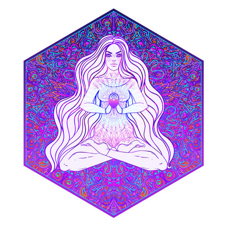 Beautiful Girl sitting in lotus position over ornate colorful neon background. Vector illustration. Psychedelic mushroom composition. Buddhism esoteric motifs. Tattoo, spiritual yoga.のイラスト素材