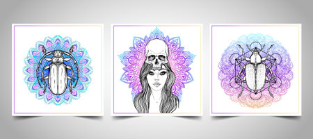 Shaman woman with a long hair and human skull on her head. Vector illustration with mandala background. Scary design for tattoo, hipster t-shirt design, vintage style poster with bugs.の写真素材