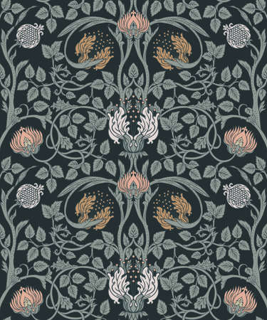 Floral vintage seamless pattern for retro wallpapers. Enchanted Vintage Flowers. Arts and Crafts movement inspired. Design for wrapping paper, wallpaper, fabrics and fashion clothes.のイラスト素材