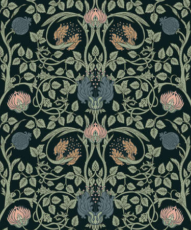 Floral vintage seamless pattern for retro wallpapers. Enchanted Vintage Flowers. Arts and Crafts movement inspired. Design for wrapping paper, wallpaper, fabrics and fashion clothes.のイラスト素材