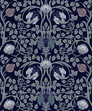 Floral vintage seamless pattern for retro wallpapers. Enchanted Vintage Flowers. Arts and Crafts movement inspired. Design for wrapping paper, wallpaper, fabrics and fashion clothes.のイラスト素材