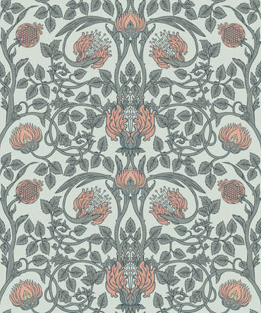 Floral vintage seamless pattern for retro wallpapers. Enchanted Vintage Flowers. Arts and Crafts movement inspired. Design for wrapping paper, wallpaper, fabrics and fashion clothes.のイラスト素材