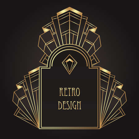 Art Deco vintage gold patterns over black, frames and design elements. Retro party geometric background set 1920s style. Vector illustration for glamour party, thematic wedding or textile prints.のイラスト素材