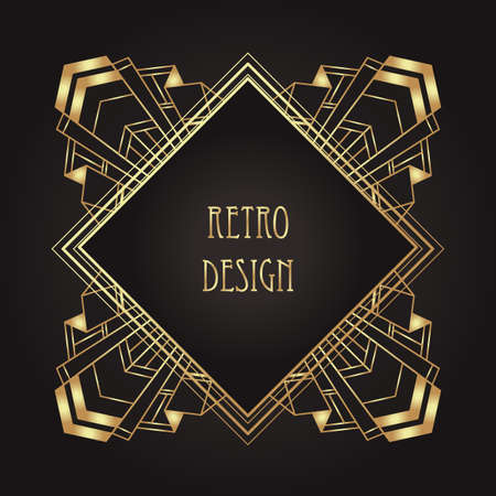 Art Deco vintage gold patterns over black, frames and design elements. Retro party geometric background set 1920s style. Vector illustration for glamour party, thematic wedding or textile prints.のイラスト素材