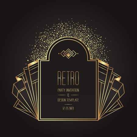 Art Deco vintage gold patterns over black, frames and design elements. Retro party geometric background set 1920s style. Vector illustration for glamour party, thematic wedding or textile prints.のイラスト素材