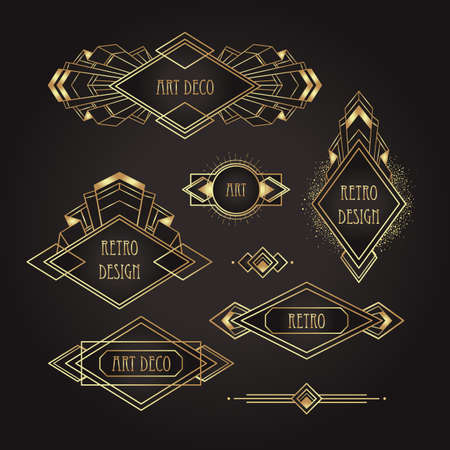 Art Deco vintage gold patterns over black, frames and design elements. Retro party geometric background set 1920s style. Vector illustration for glamour party, thematic wedding or textile prints.のイラスト素材
