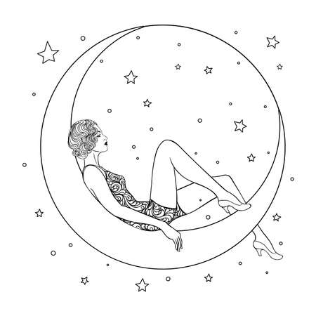 Pretty woman sitting on vintage paper crescent moon. Flapper girl. Retro party invitation design. Vector illustration. Beaty in art deco style. Retro fashion, glamour lady of twenties.のイラスト素材