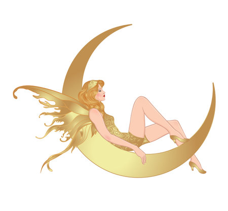 Pretty woman sitting on vintage paper crescent moon. Flapper girl. Retro party invitation design. Vector illustration. Beaty in art deco style. Retro fashion, glamour lady of twenties.のイラスト素材