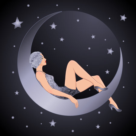 Pretty woman sitting on vintage paper crescent moon. Flapper girl. Retro party invitation design. Vector illustration. Beaty in art deco style. Retro fashion, glamour lady of twenties.のイラスト素材