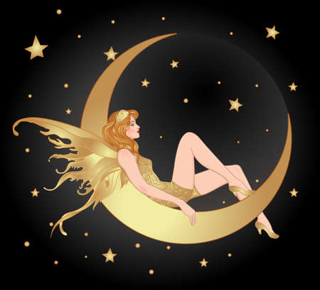 Pretty woman sitting on vintage paper crescent moon. Flapper girl. Retro party invitation design. Vector illustration. Beaty in art deco style. Retro fashion, glamour lady of twenties.のイラスト素材
