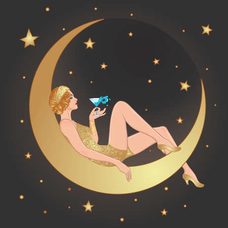 Pretty woman sitting on vintage paper crescent moon. Flapper girl. Retro party invitation design. Vector illustration. Beaty in art deco style. Retro fashion, glamour lady of twenties.のイラスト素材