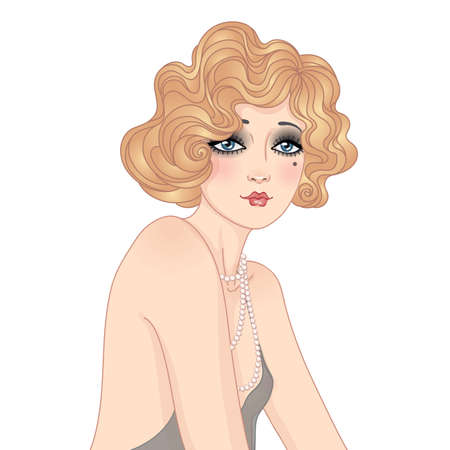 Art Deco vintage invitation template design with illustration of flapper girl. Retro party character in 1920 s style. Vector for glamour event, thematic wedding or jazz party.のイラスト素材