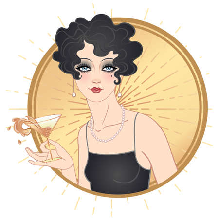 Flapper girl holding cocktail glass with splash. Art deco, 1920 s style vintage invitation template design for drink list, bar menu, glamour event, wedding, jazz party flyer. Vector art.のイラスト素材