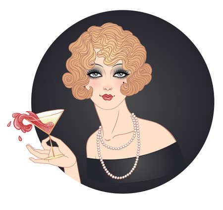 Flapper girl holding cocktail glass with splash. Art deco, 1920 s style vintage invitation template design for drink list, bar menu, glamour event, wedding, jazz party flyer. Vector art.のイラスト素材