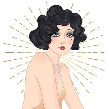 Art Deco vintage invitation template design with illustration of flapper girl. Retro party character in 1920 s style. Vector for glamour event, thematic wedding or jazz party.のイラスト素材