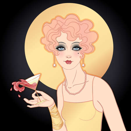 Flapper girl holding cocktail glass with splash. Art deco, 1920 s style vintage invitation template design for drink list, bar menu, glamour event, wedding, jazz party flyer. Vector art.のイラスト素材