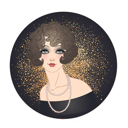 Art Deco vintage invitation template design with illustration of flapper girl. Retro party character in 1920 s style. Vector for glamour event, thematic wedding or jazz party.のイラスト素材