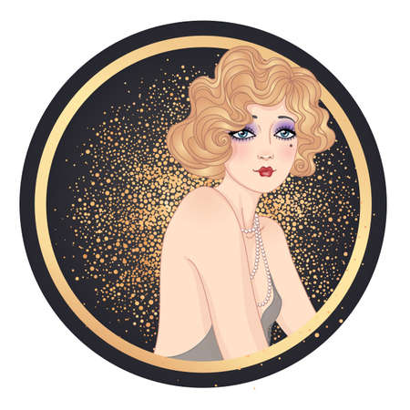 Art Deco vintage invitation template design with illustration of flapper girl. Retro party character in 1920 s style. Vector for glamour event, thematic wedding or jazz party.のイラスト素材