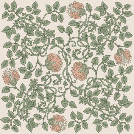 Floral vintage seamless pattern for retro wallpapers. Enchanted Vintage Flowers. Arts and Crafts movement inspired. Design for wrapping paper, wallpaper, fabrics and fashion clothes.のイラスト素材