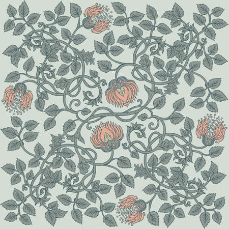 Floral vintage seamless pattern for retro wallpapers. Enchanted Vintage Flowers. Arts and Crafts movement inspired. Design for wrapping paper, wallpaper, fabrics and fashion clothes.のイラスト素材