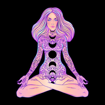 Young woman sits in lotus yoga position. Triple moon and stars inside girl. Free mind concept. Vector illustration of meditation, self care or mindfulness.のイラスト素材
