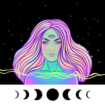 Portrait of mystic girl with three eyes. Vector illustration of a witch mutant. Monster with three eyes.のイラスト素材