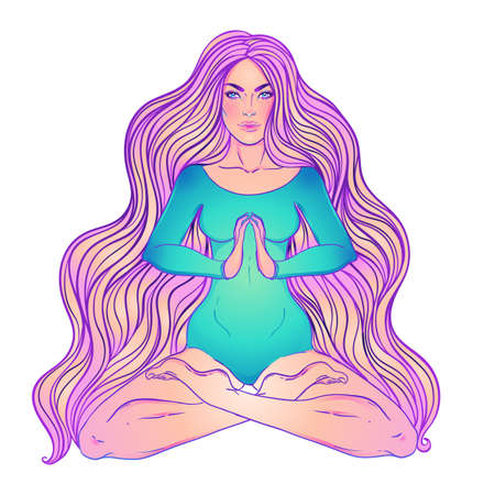 Beautiful Girl sitting in lotus position over ornate colorful neon background. Vector illustration. Psychedelic composition. Buddhism esoteric motifs. Tattoo, spiritual yoga.のイラスト素材