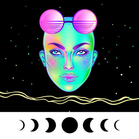 Portrait of robot android woman in retro futurism style. Vector illustration of a cyborg in glowing neon bright colors. futuristic synth wave flyer template. Cyber technology.のイラスト素材
