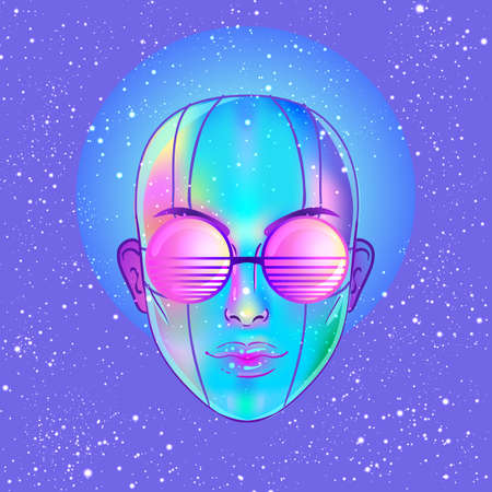 Portrait of robot android woman in retro futurism style. Vector illustration of a cyborg in glowing neon bright colors. futuristic synth wave flyer template. Cyber technology.のイラスト素材