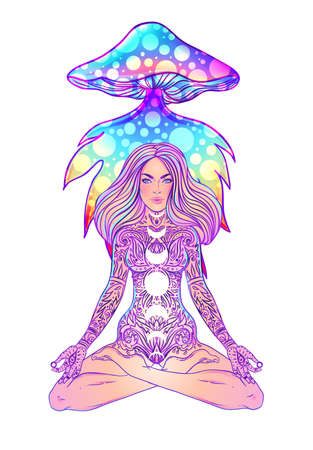 Beautiful Girl sitting in lotus position over ornate colorful neon background. Vector illustration. Psychedelic mushroom composition. Buddhism esoteric motifs. Tattoo, spiritual yoga.のイラスト素材