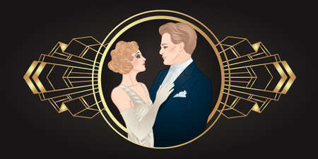 Beautiful couple in art deco style. Retro fashion. glamour man and woman of twenties. Vector illustration. Flapper 20s style. Vintage party or thematic wedding invitation design template.のイラスト素材
