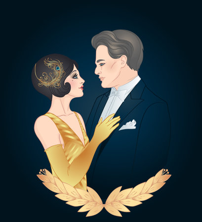 Beautiful couple in art deco style. Retro fashion. glamour man and woman of twenties. Vector illustration. Flapper 20s style. Vintage party or thematic wedding invitation design template.のイラスト素材