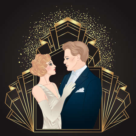 Beautiful couple in art deco style. Retro fashion. glamour man and woman of twenties. Vector illustration. Flapper 20s style. Vintage party or thematic wedding invitation design template.のイラスト素材