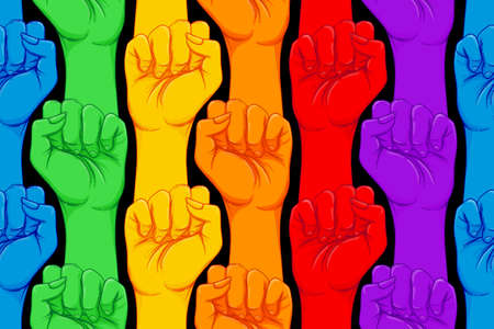Striped hand showing fist raised up. Gay rights concept. Realistic style vector illustration in rainbow colors.のイラスト素材