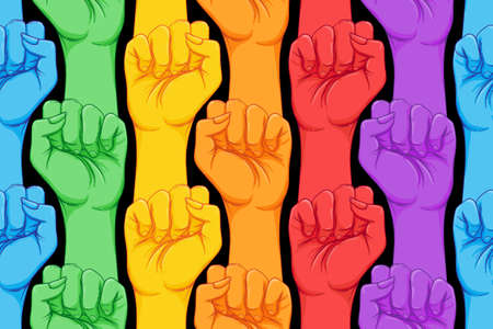 Striped hand showing fist raised up. Gay rights concept. Realistic style vector illustration in rainbow colors.のイラスト素材