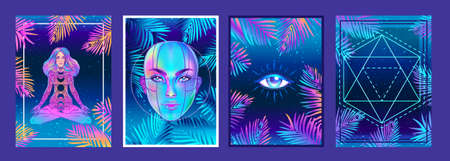 Retro Futurism or New Age style flyer set. Vector futuristic sacred geometry synth wave illustration. 80s poster background. Good design for t-shirt print or greeting card.のイラスト素材
