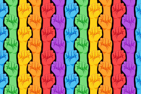 Striped hand showing fist raised up. Gay rights concept. Realistic style vector illustration in rainbow colors.のイラスト素材