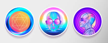 Retro Futurism or New Age style flyer set. Vector futuristic sacred geometry synth wave illustration. 80s poster background. Good design for t-shirt print or greeting card.の写真素材