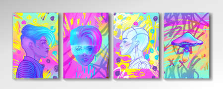 Retro Futurism or New Age style flyer set. Vector futuristic sacred geometry synth wave illustration. 80s poster background. Good design for t-shirt print or greeting card.の写真素材
